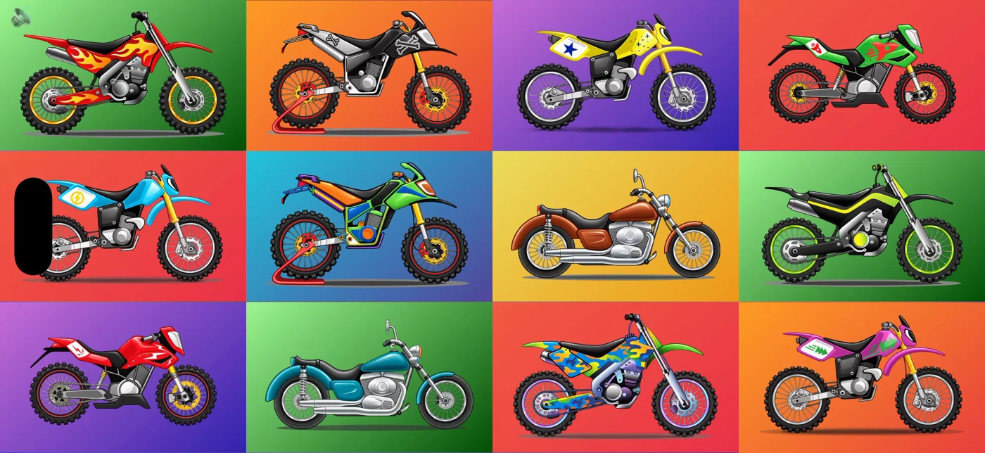 The selection screen with twelve colorful motorcycles